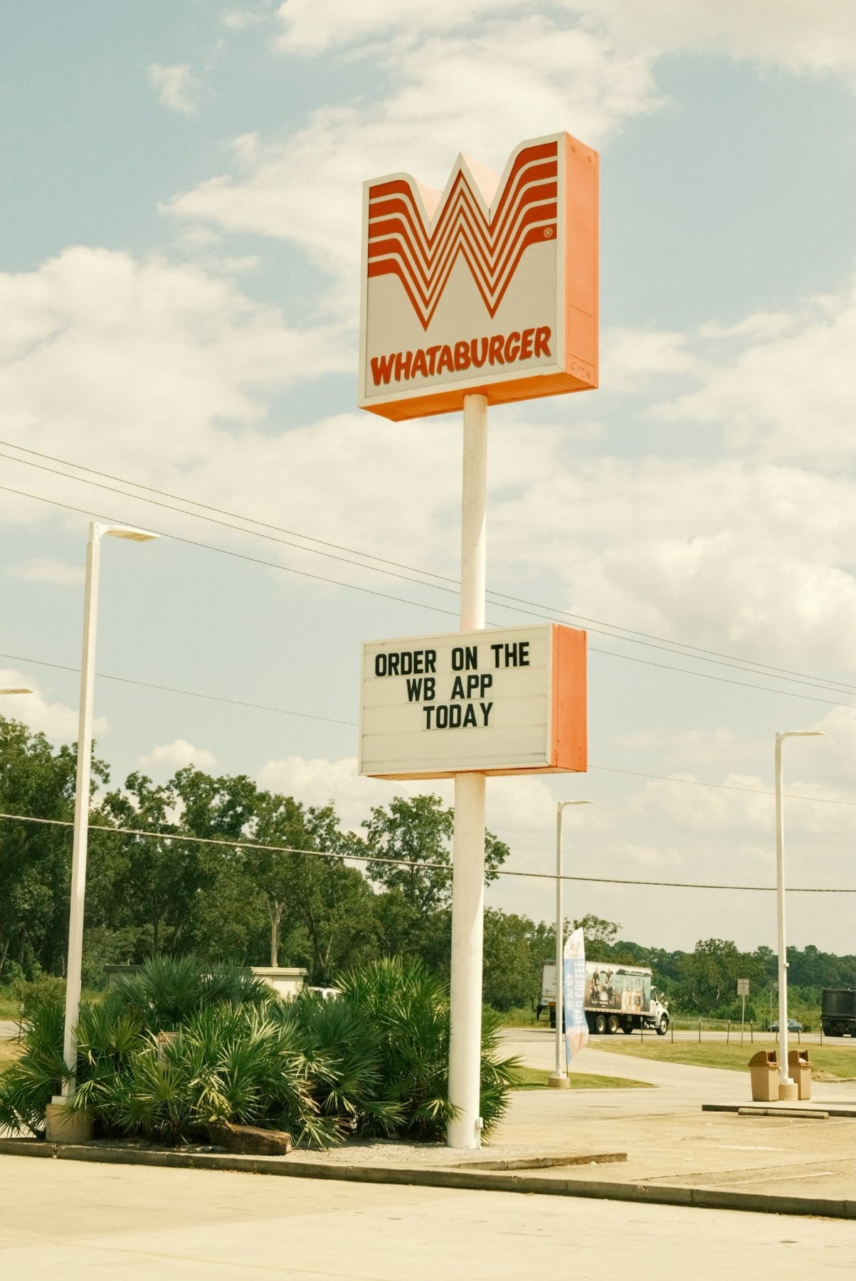 Tall orange-and-white Whataburger sign reading 'Order on the WB App Today' over palms under a summer sky.