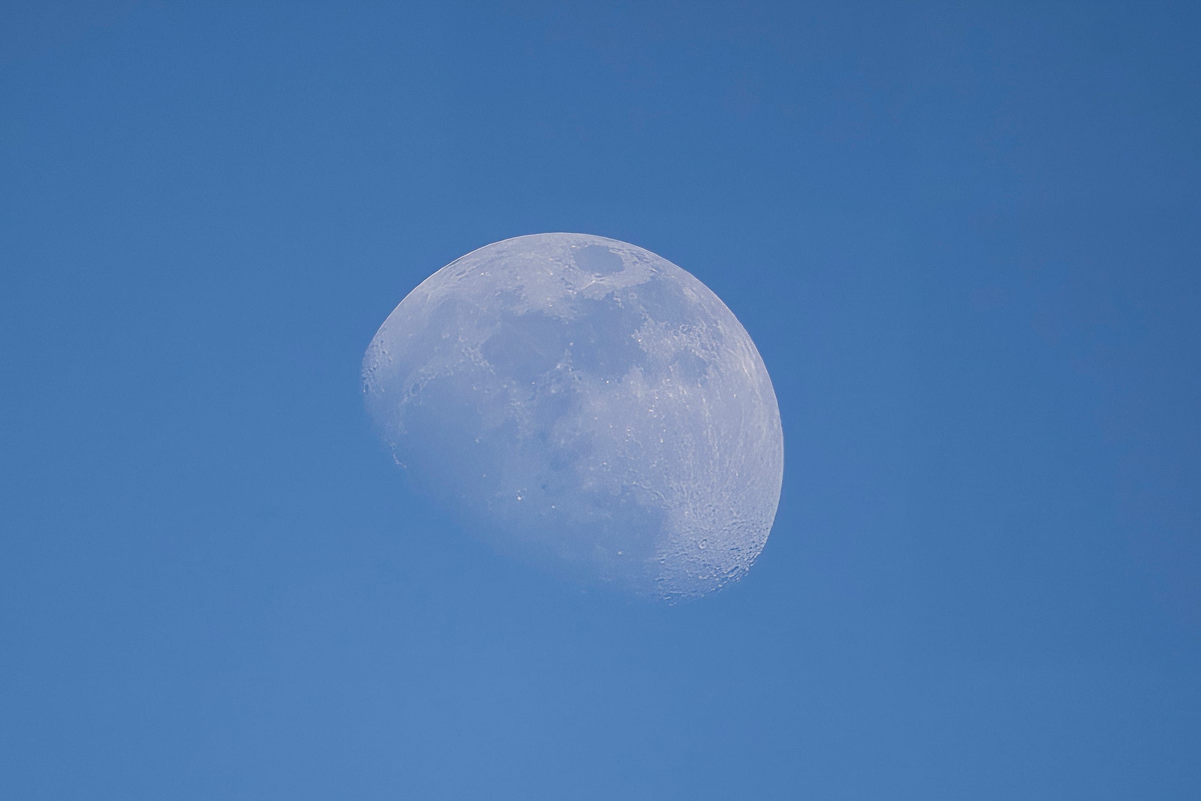 Gibbous moon with visible craters set against a smooth, clear blue daytime sky.