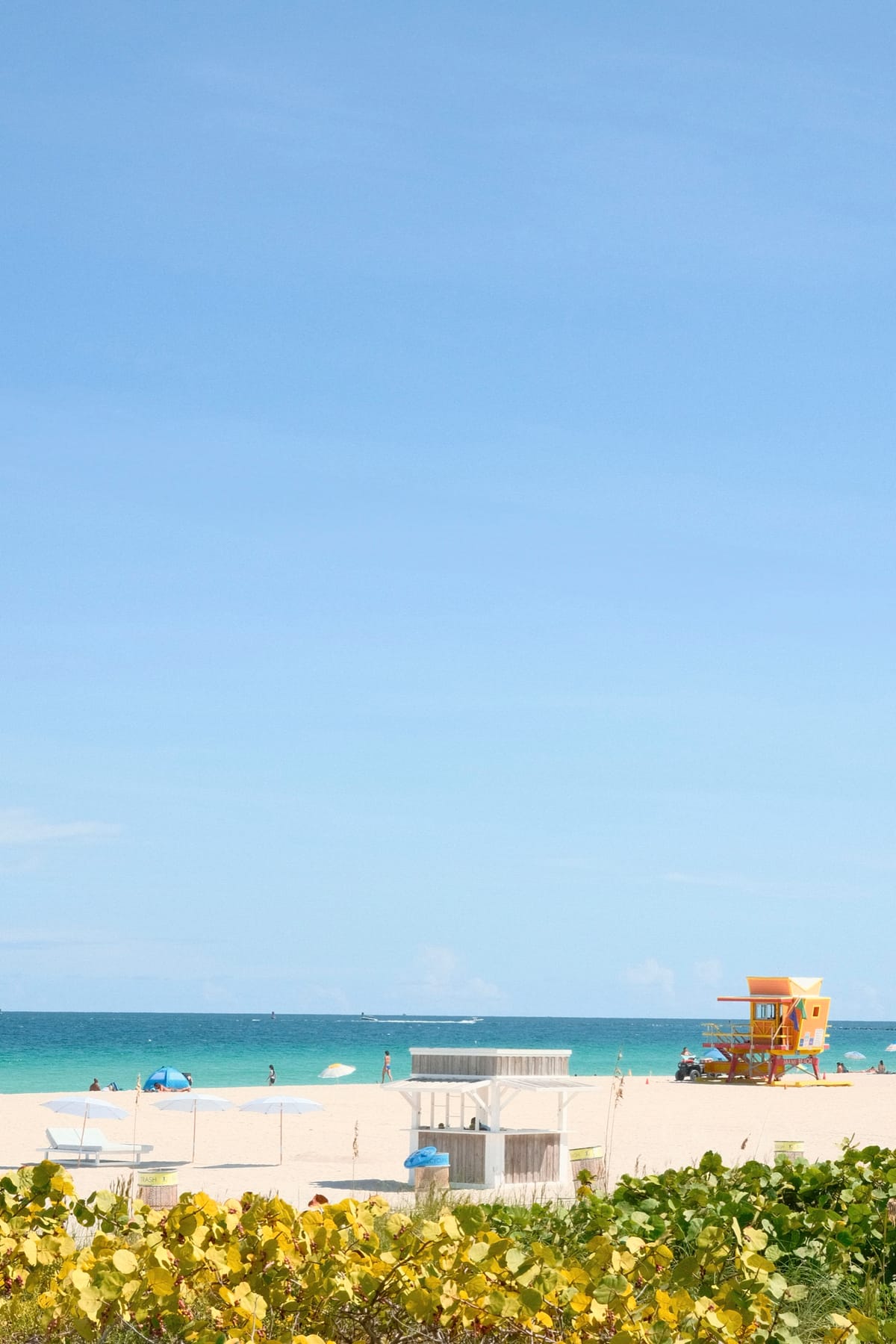 Vertical beach scene with yellow shrubs, white sand, umbrellas and a lifeguard stand under a tall blue sky.