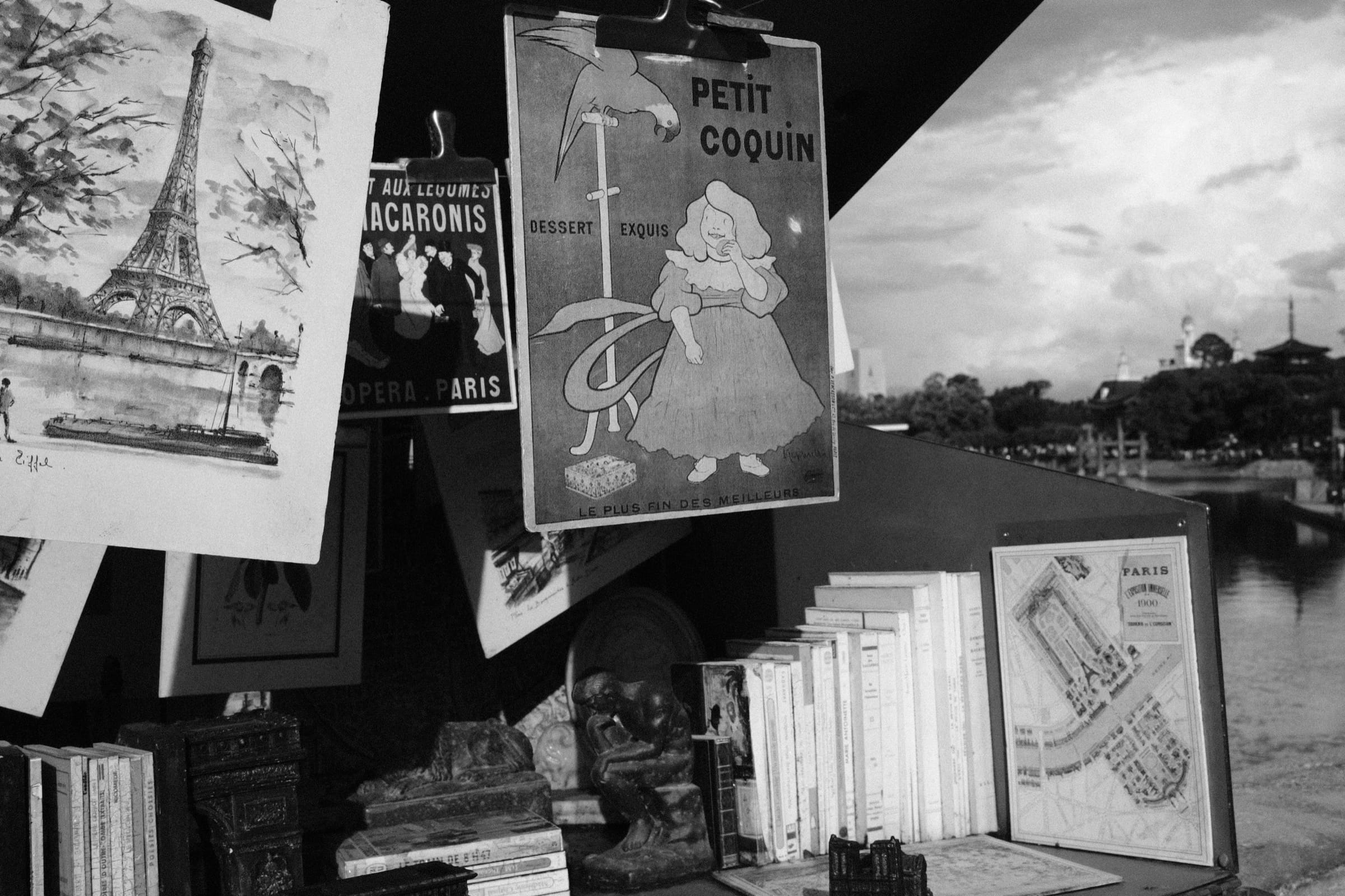 Black-and-white photo of vintage Paris posters and books at a stall, with water and pavilions behind.