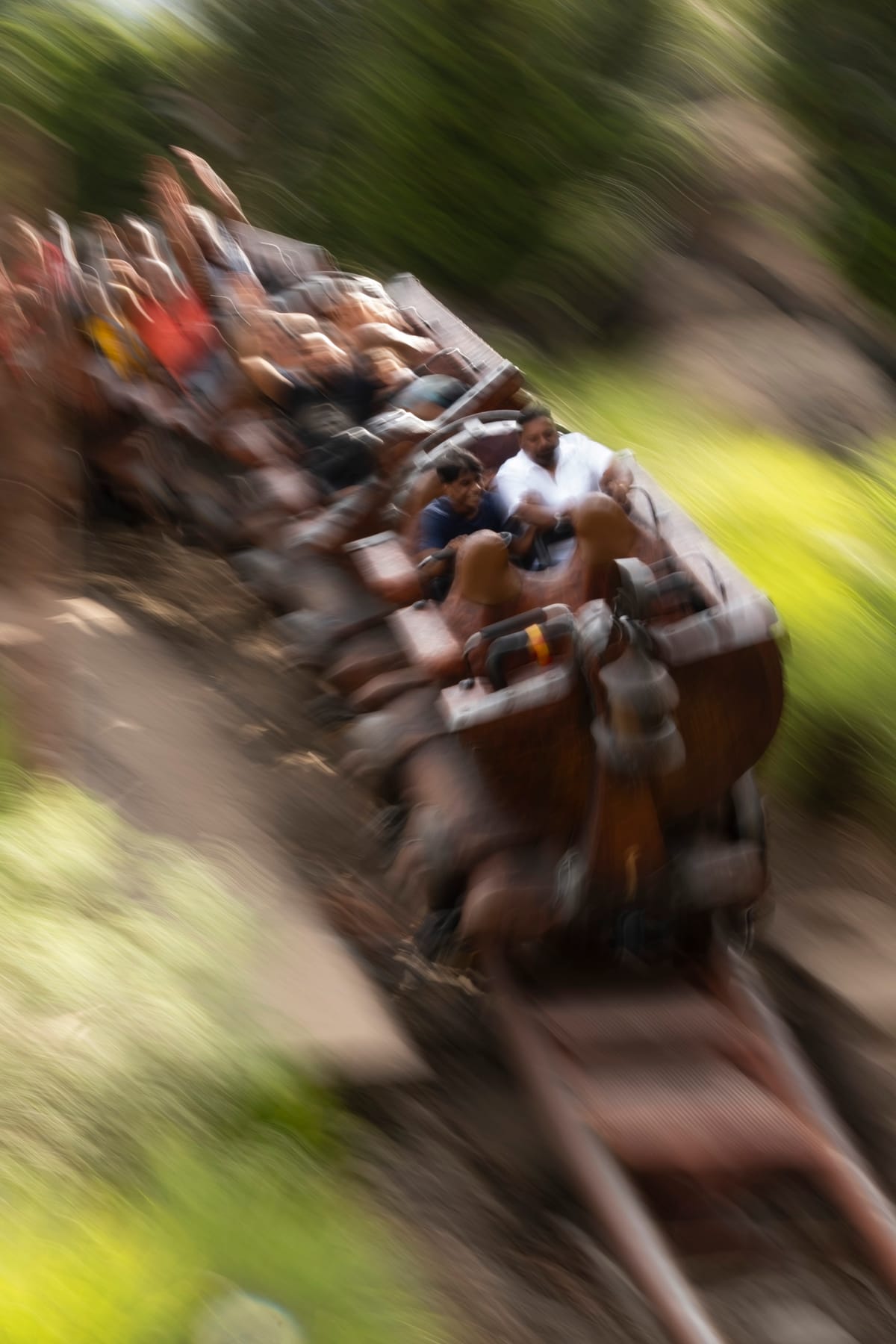 Riders on a mine-train roller coaster car, blurred by motion as it rushes past green foliage.