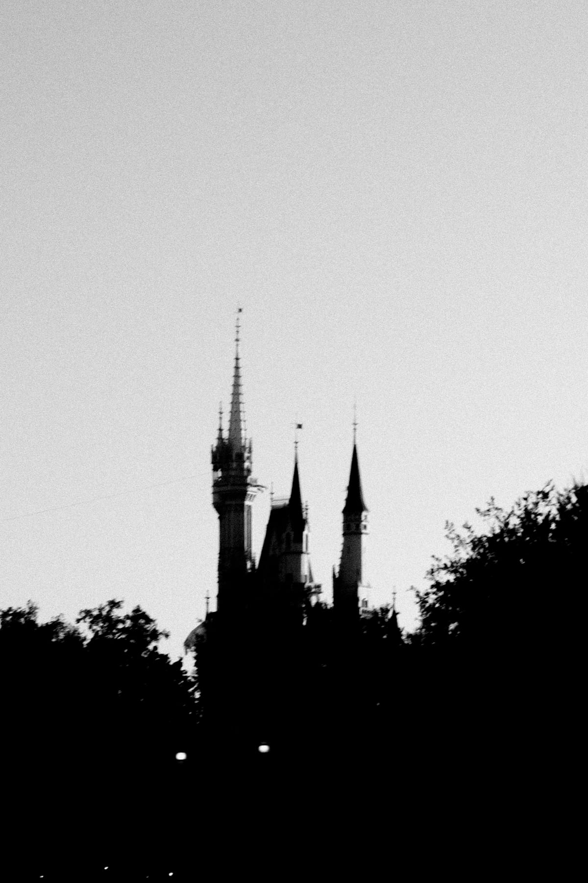 Black-and-white silhouette of castle spires and dark trees against a pale sky, with small points of light.